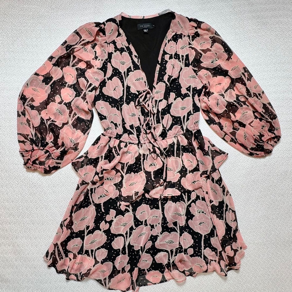 NWOT TED BAKER Priana Ruffle Sleeve Floral Romantic Mini Dress Pink Black Size 2 - Picture 4 of 15